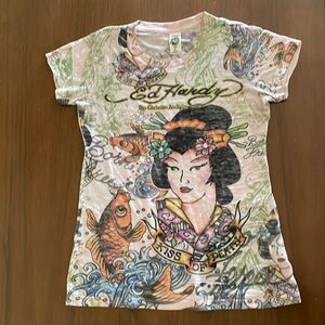 Y2K Vintage Ed Hardy by: Christian Audigier Geisha Kiss of Death Shirt